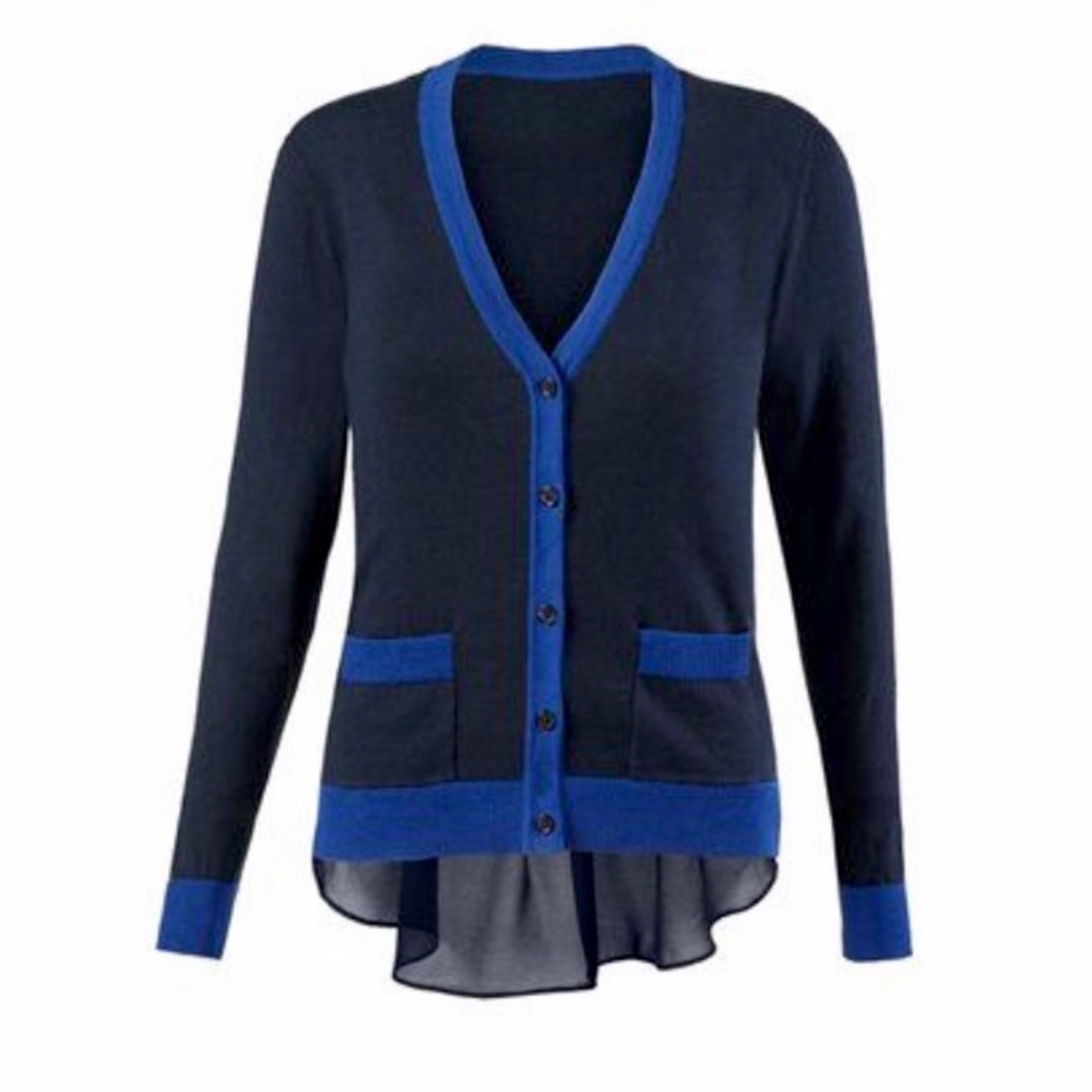 Cabi Michelle Black and Blue Button Up Cardigan Sweater with Sheer Mesh Train